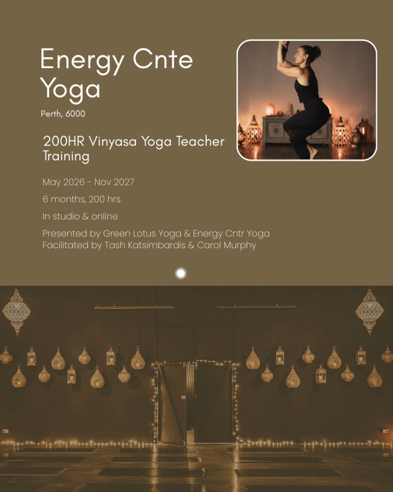 200-hour Vinyasa Yoga Teacher Training at Energy Centre Yoga in Perth, blending studio and online learning.