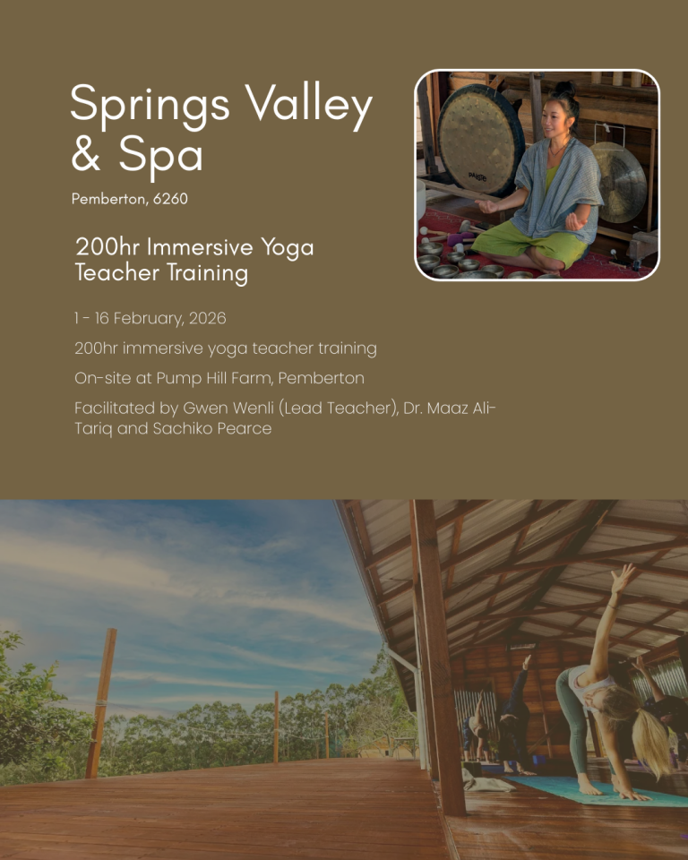 Yoga teacher training at Springs Valley & Spa in Pemberton, WA, featuring meditation practice in a retreat setting surrounded by forest
