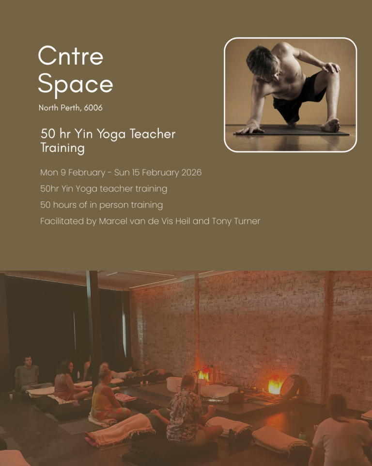 Yin yoga teacher training at Cntre Space in North Perth, WA, with students practising slow, grounded floor-based poses.