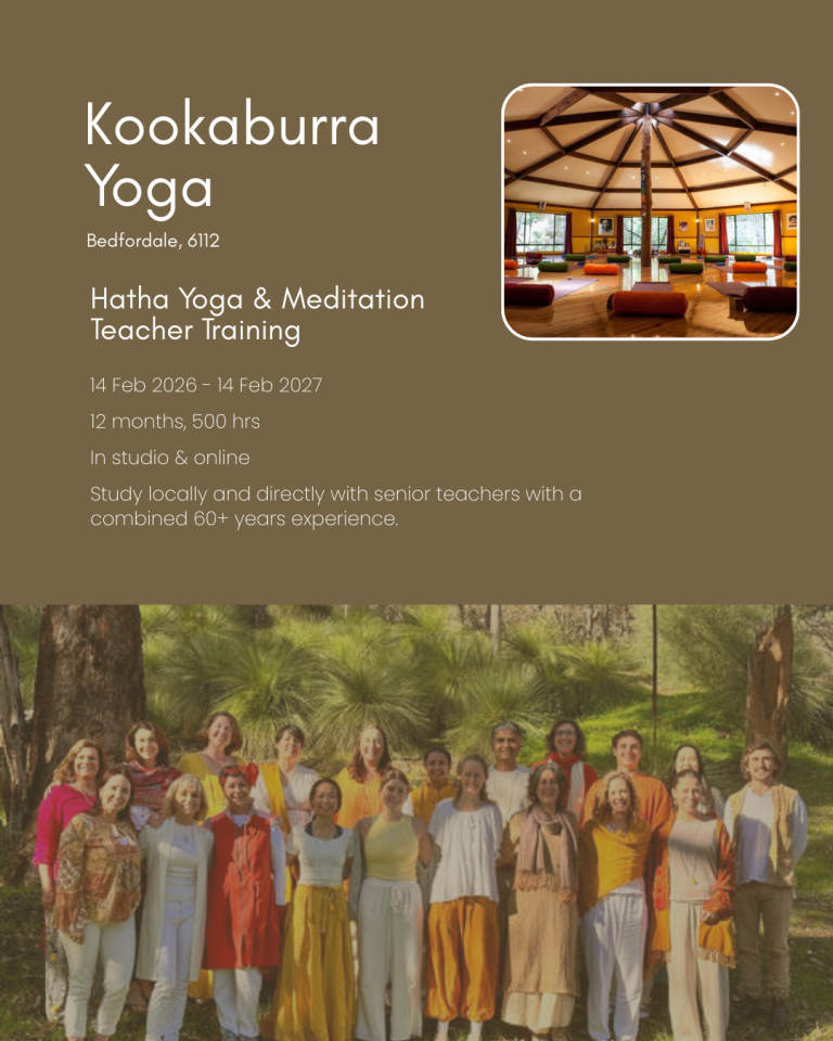 Yoga teacher training at Kookaburra Yoga in Bedfordale, WA, featuring a group of trainees gathered in a circular studio surrounded by nature.