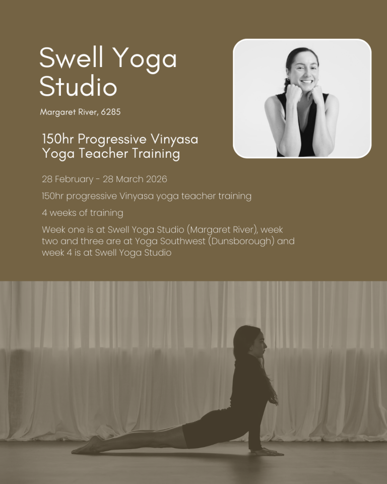Vinyasa yoga teacher training at Swell Yoga Studio in Margaret River, WA, showing a yoga practitioner in an upward-facing dog pose.