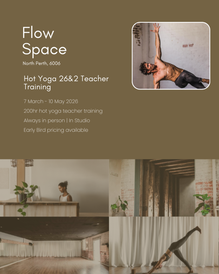 Hot yoga teacher training at Flow Space in North Perth, WA, showing a yoga teacher demonstrating a strong standing pose.