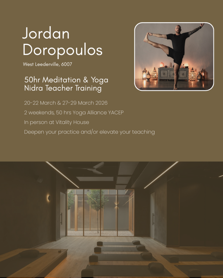 Meditation and yoga nidra teacher training in West Leederville, Perth WA, led by Jordan Doropoulos in a calm studio environment.